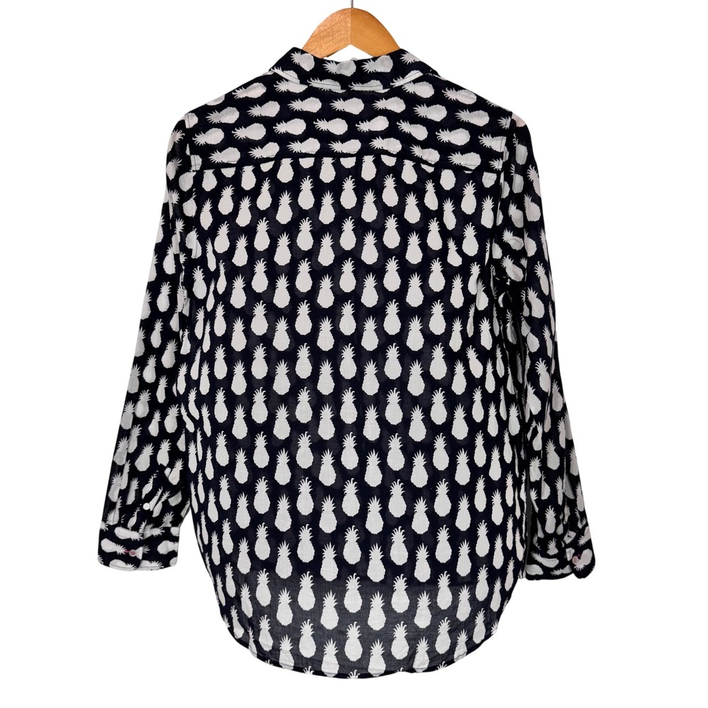 Talbots Button Down Women S Navy Pineapple Print Long Sleeve Cotton Blouse Top - Picture 3 of 9